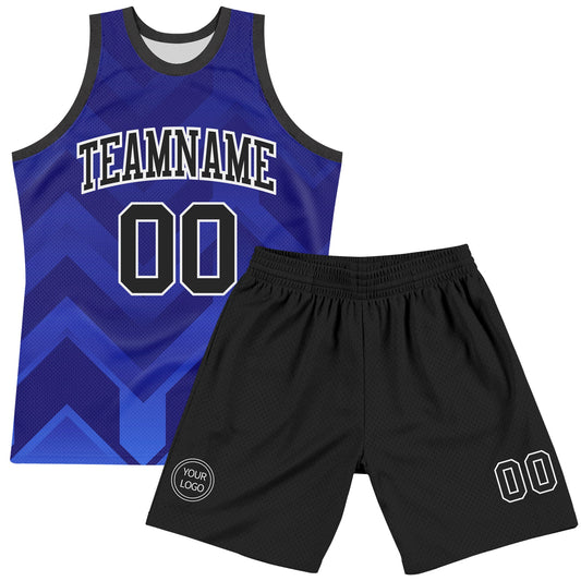 Custom Dark Purple Black Royal-White Geometric Shape Round Neck Sublimation Basketball Suit Jersey