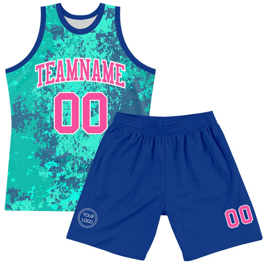 Custom Teal Pink Royal-White Splash Round Neck Sublimation Basketball Suit Jersey