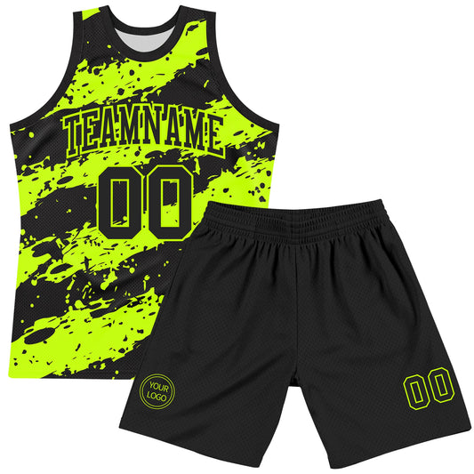 Custom Black Neon Green Splash Round Neck Sublimation Basketball Suit Jersey