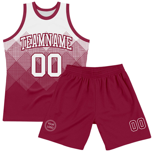 Custom White Maroon Gradient Square Shapes Round Neck Sublimation Basketball Suit Jersey