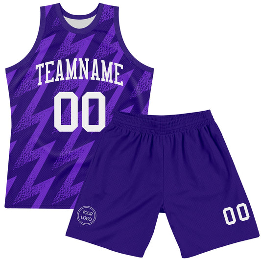 Custom Purple White Zigzag Shape Round Neck Sublimation Basketball Suit Jersey