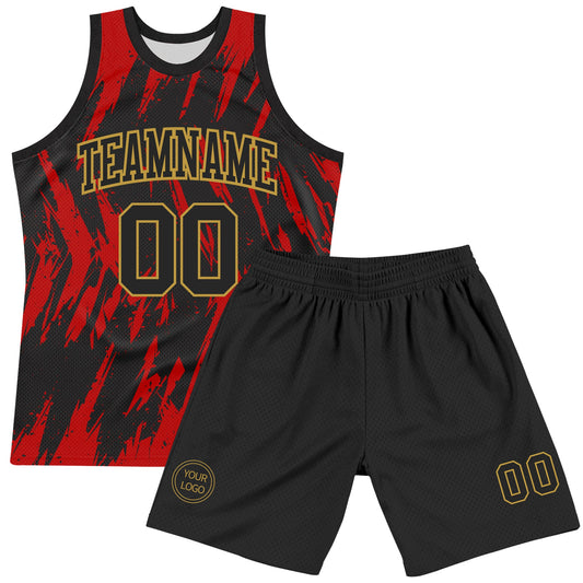Custom Black Red-Old Gold Splash Round Neck Sublimation Basketball Suit Jersey