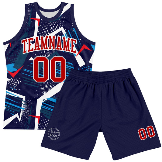 Custom Navy Red-White Geometric Shape Round Neck Sublimation Basketball Suit Jersey