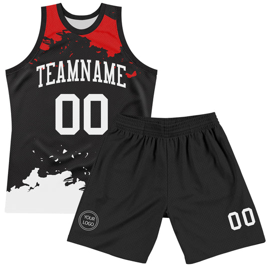 Custom Black White-Red Fragment Art Round Neck Sublimation Basketball Suit Jersey