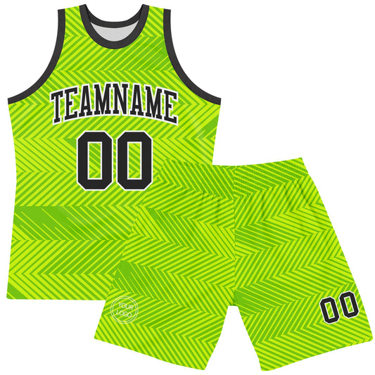 Custom Neon Green Black-White Line Round Neck Sublimation Basketball Suit Jersey