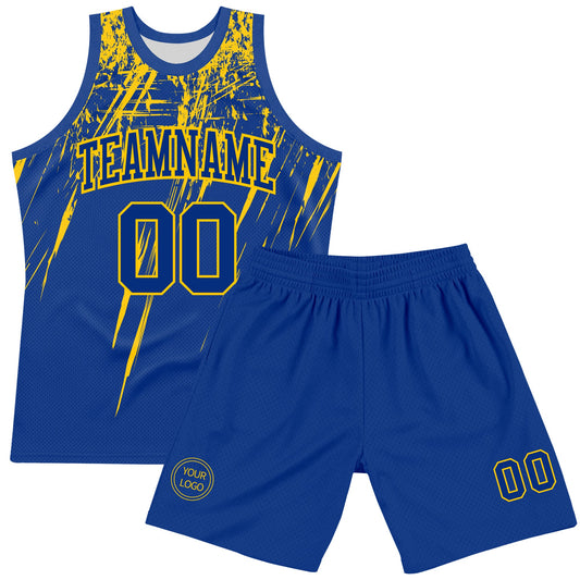 Custom Royal Yellow Splash Round Neck Sublimation Basketball Suit Jersey