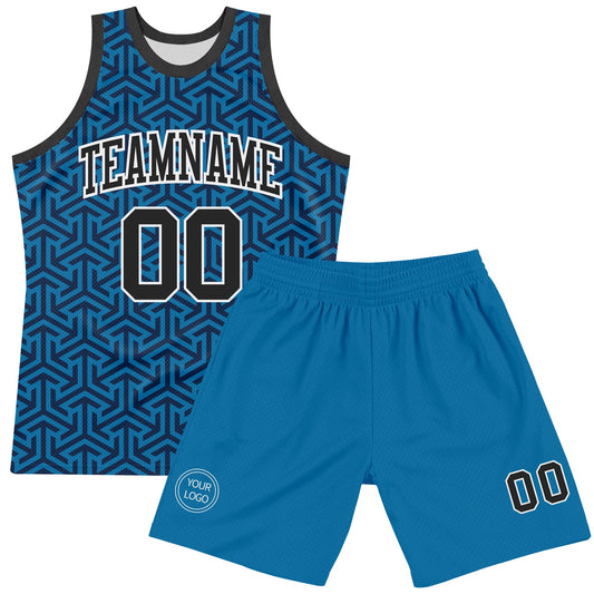 Custom Blue Black-White Arrow Shape Round Neck Sublimation Basketball Suit Jersey