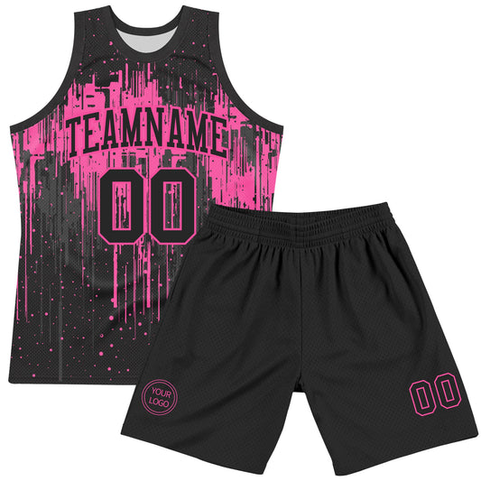 Custom Black Pink Dripping Splatter Art Round Neck Sublimation Basketball Suit Jersey