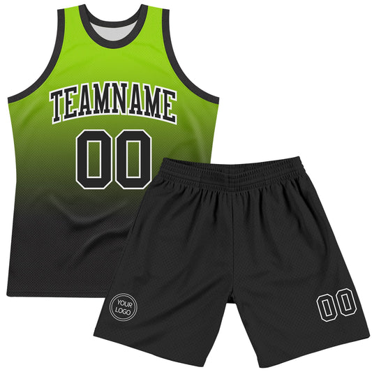 Custom Neon Green Black-White Fade Fashion Round Neck Sublimation Basketball Suit Jersey