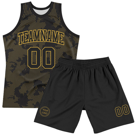 Custom Black Old Gold Curve Lines Round Neck Sublimation Basketball Suit Jersey