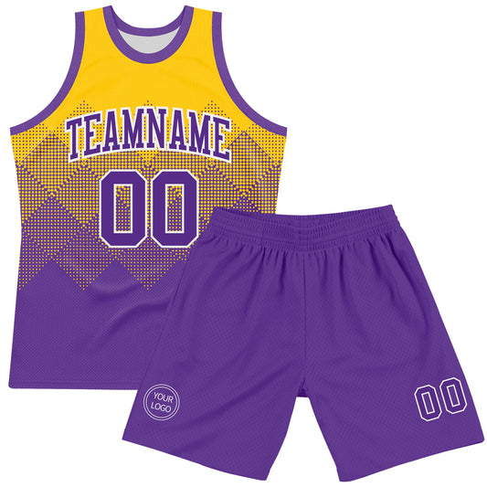 Custom Yellow Purple-White Gradient Square Shapes Round Neck Sublimation Basketball Suit Jersey
