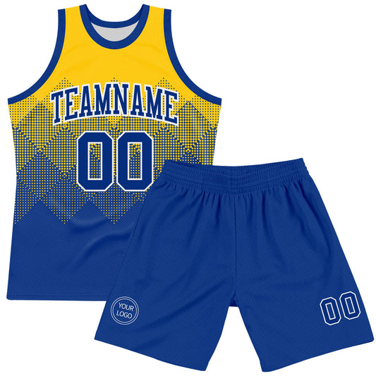Custom Yellow Royal-White Gradient Square Shapes Round Neck Sublimation Basketball Suit Jersey