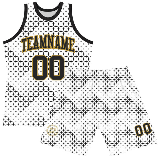 Custom White Black-Old Gold Geometric Shape Round Neck Sublimation Basketball Suit Jersey