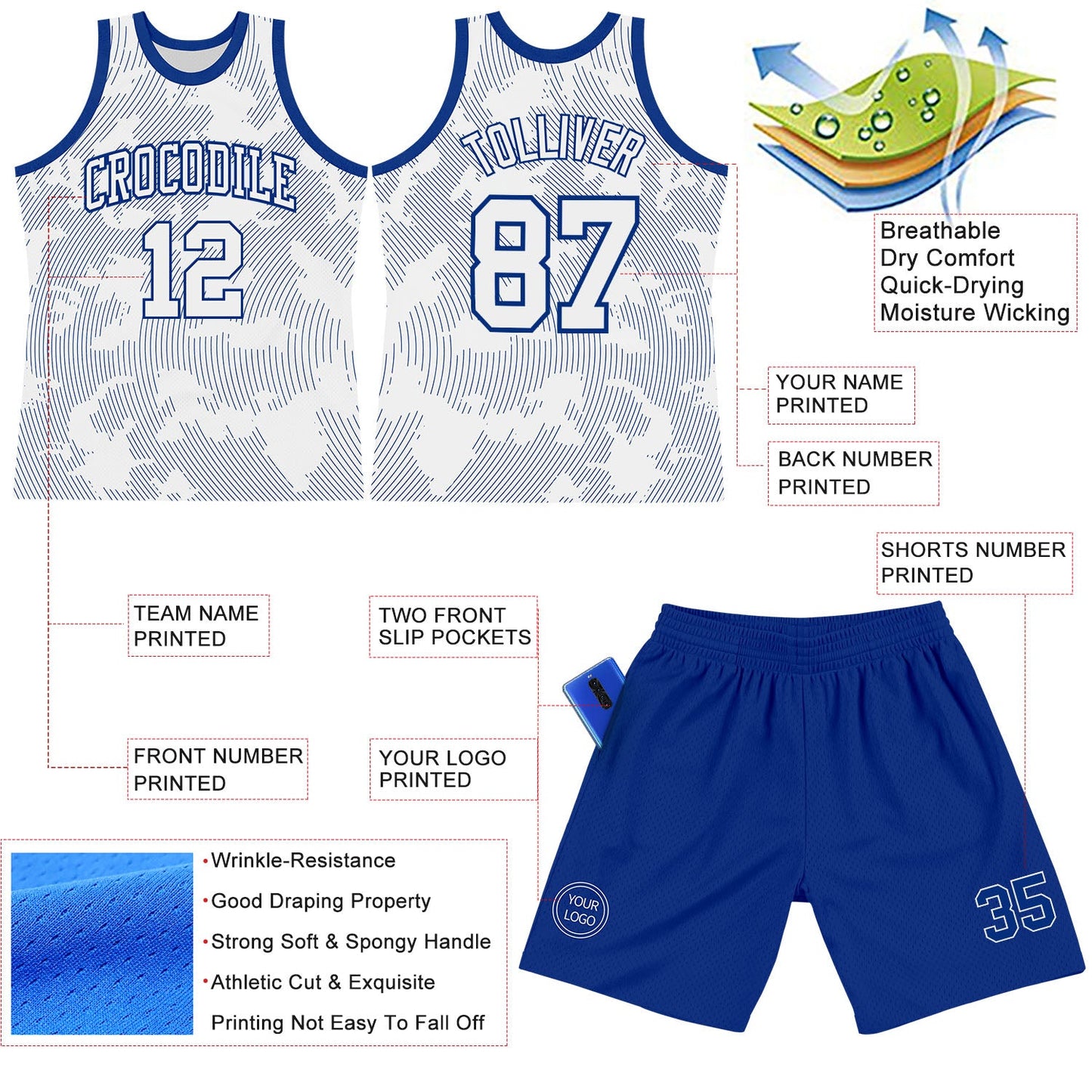 Custom White Royal Curve Lines Round Neck Sublimation Basketball Suit Jersey