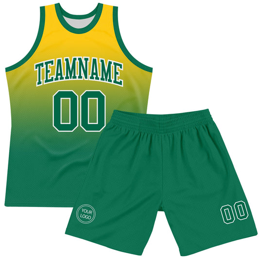 Custom Yellow Kelly Green-White Fade Fashion Round Neck Sublimation Basketball Suit Jersey