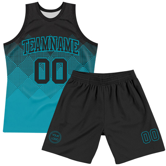 Custom Black Teal Gradient Square Shapes Round Neck Sublimation Basketball Suit Jersey