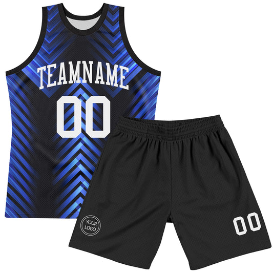 Custom Black White-Royal Arrow Shape Round Neck Sublimation Basketball Suit Jersey