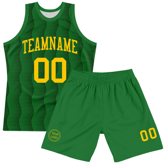 Custom Kelly Green Yellow Geometric Shape Round Neck Sublimation Basketball Suit Jersey