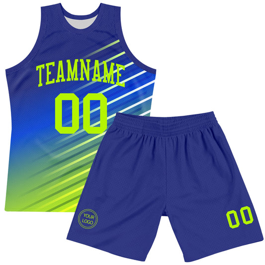 Custom Royal Neon Green-White Line Round Neck Sublimation Basketball Suit Jersey