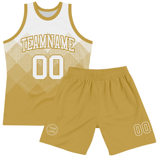 Custom White Old Gold Gradient Square Shapes Round Neck Sublimation Basketball Suit Jersey