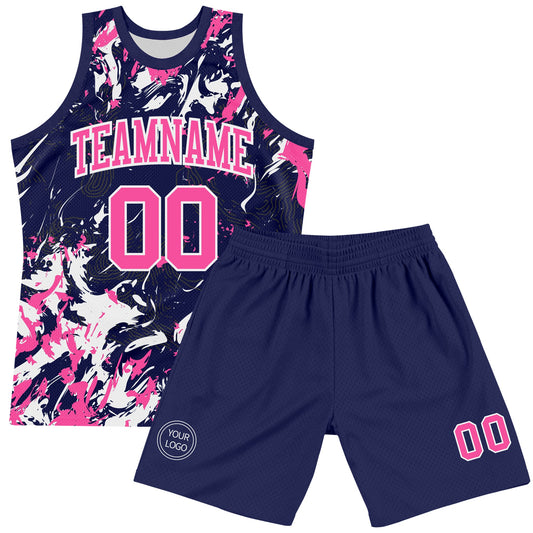 Custom Navy Pink-White Fluid Art Round Neck Sublimation Basketball Suit Jersey