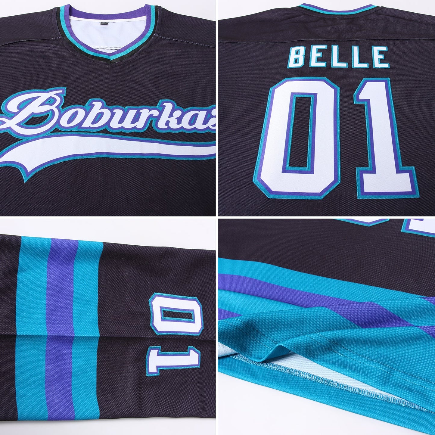 Custom Black White-Teal Hockey Jersey