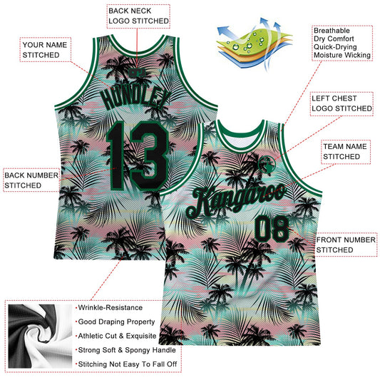 Custom Black Black-Kelly Green 3D Pattern Tropical Hawaii Palm Leaves Authentic Basketball Jersey