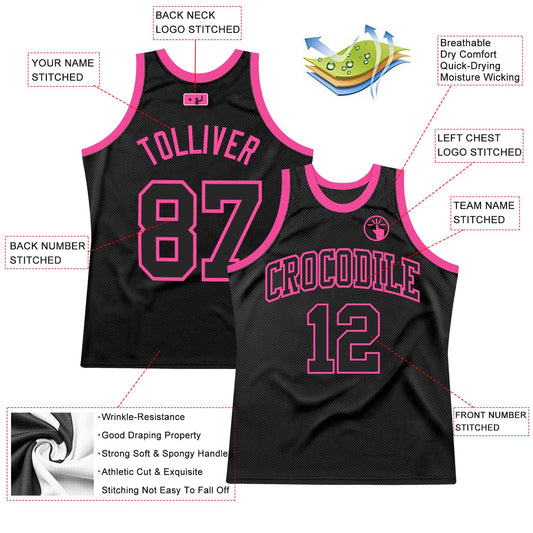 Custom Black Black-Pink Authentic Throwback Basketball Jersey