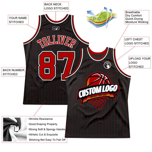 Custom Black Red Pinstripe White Authentic Basketball Jersey