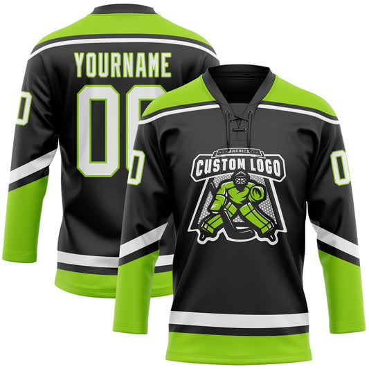 Custom Black White-Neon Green Hockey Lace Neck Jersey
