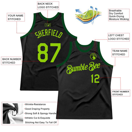 Custom Black Neon Green-Green Authentic Throwback Basketball Jersey