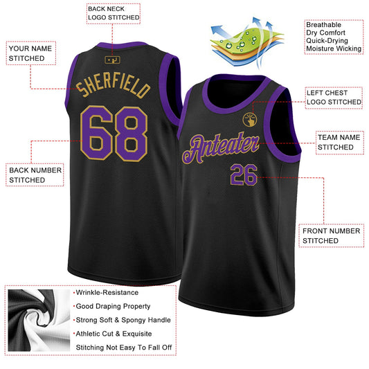Custom Black Purple-Old Gold Authentic Basketball Jersey