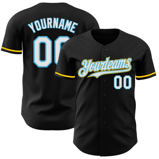 Custom Black White Sky Blue-Yellow Authentic Baseball Jersey