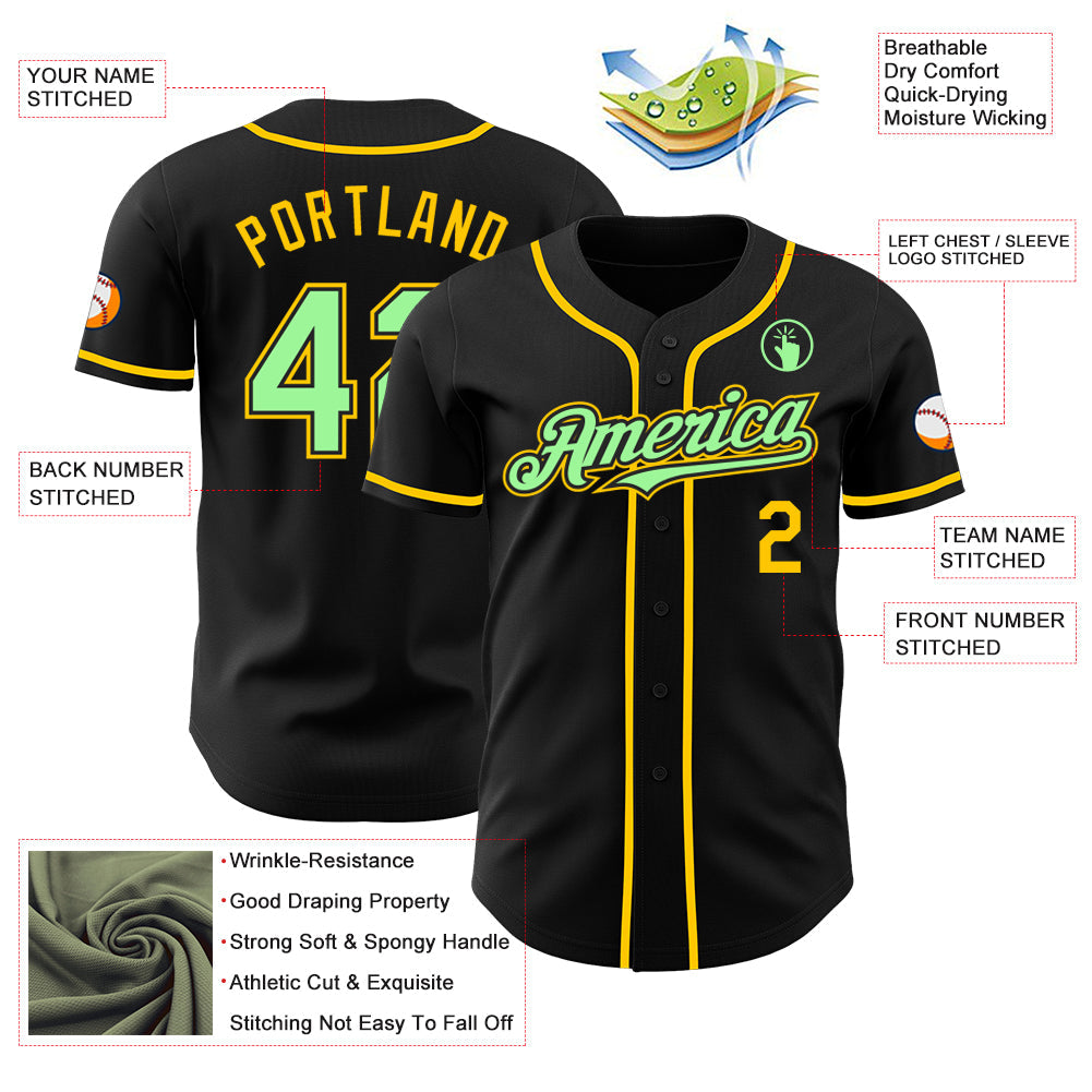 Custom Black Pea Green-Yellow Authentic Baseball Jersey