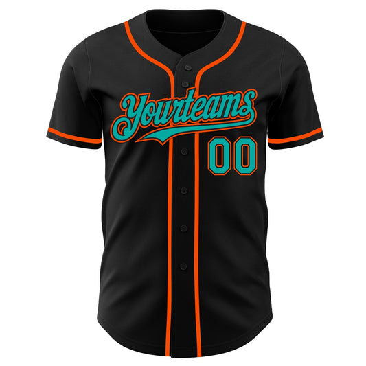 Custom Black Aqua-Orange Authentic Baseball Jersey