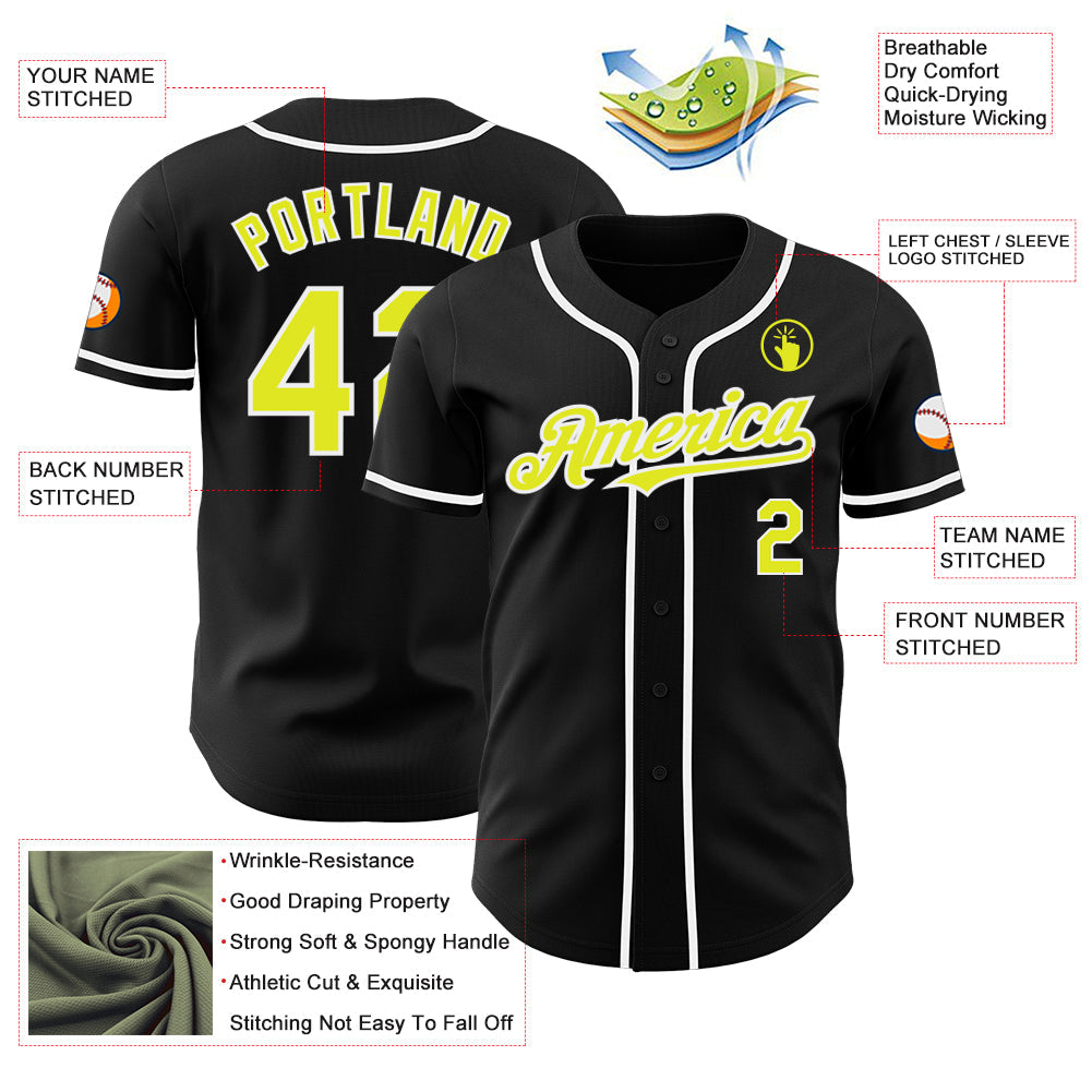 Custom Black Neon Yellow-White Authentic Baseball Jersey