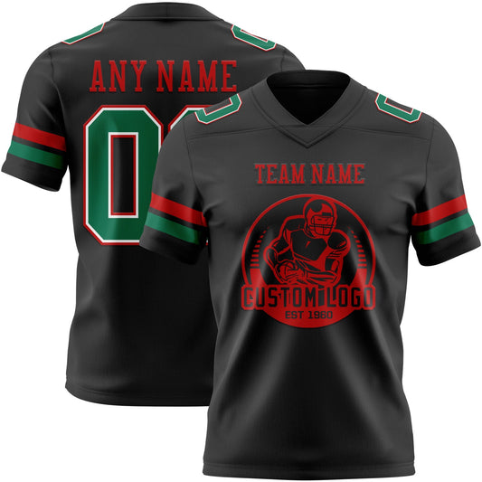 Custom Black Kelly Green White-Red Mesh Authentic Football Jersey
