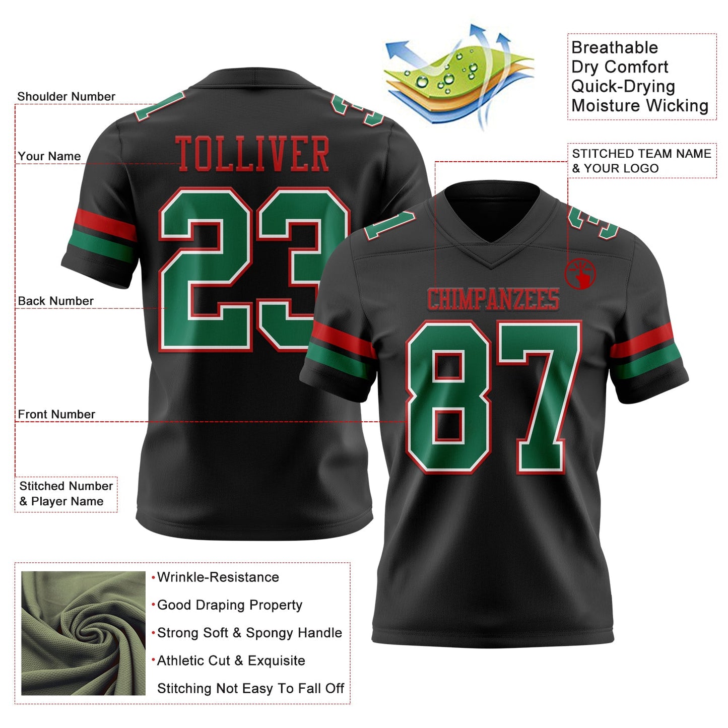 Custom Black Kelly Green White-Red Mesh Authentic Football Jersey