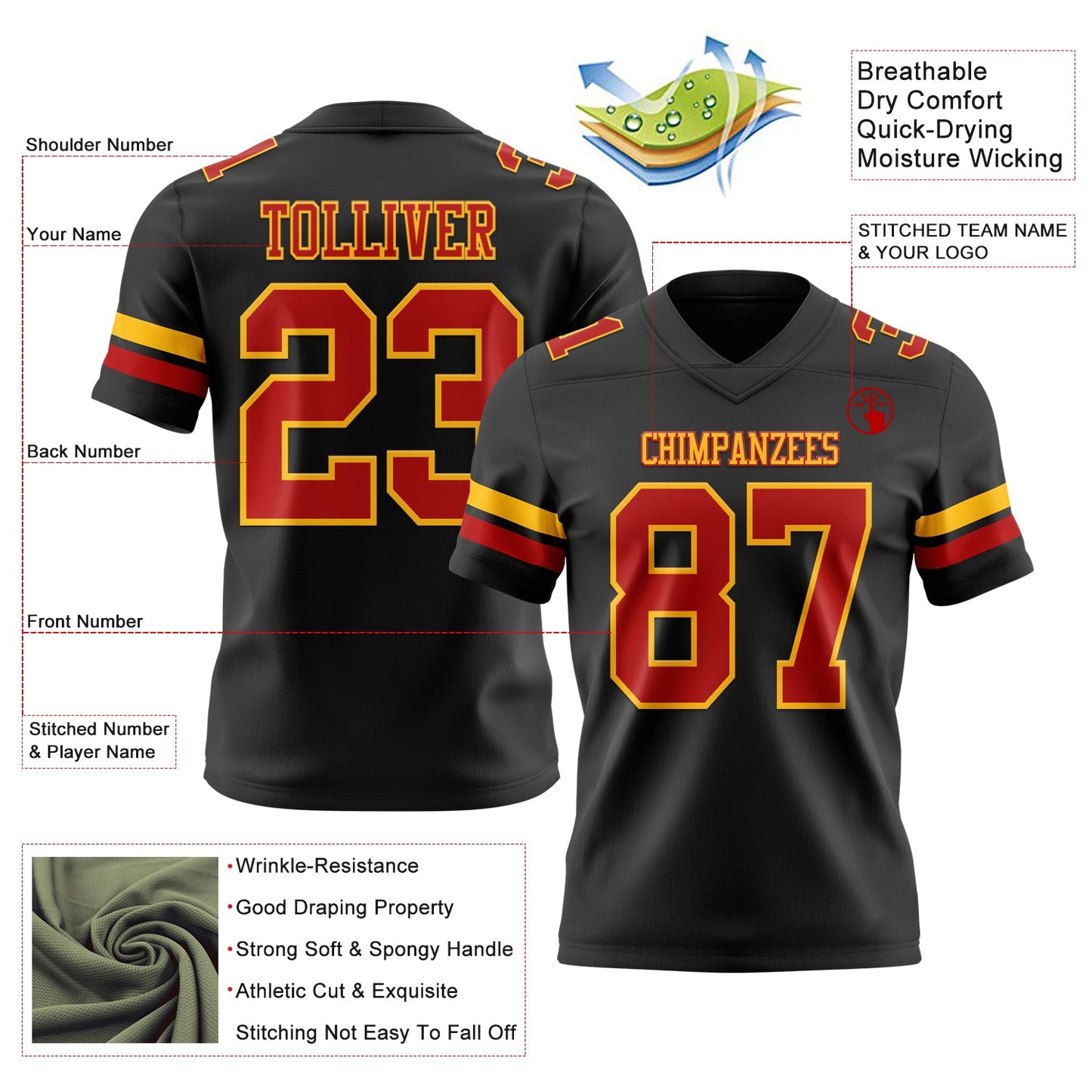 Custom Black Red-Gold Mesh Authentic Football Jersey