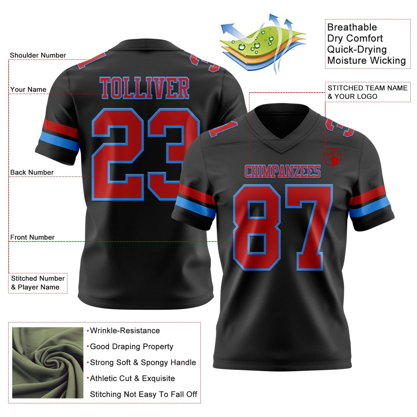 Custom Black Red-Powder Blue Mesh Authentic Football Jersey