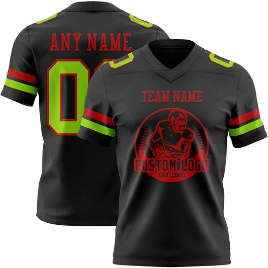 Custom Black Neon Green-Red Mesh Authentic Football Jersey