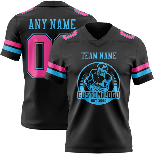 Custom Black Pink-Sky Blue Mesh Authentic Football Jersey