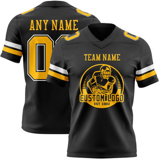 Custom Black Gold-White Mesh Authentic Football Jersey