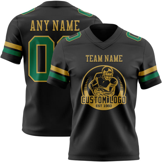 Custom Black Kelly Green-Old Gold Mesh Authentic Football Jersey