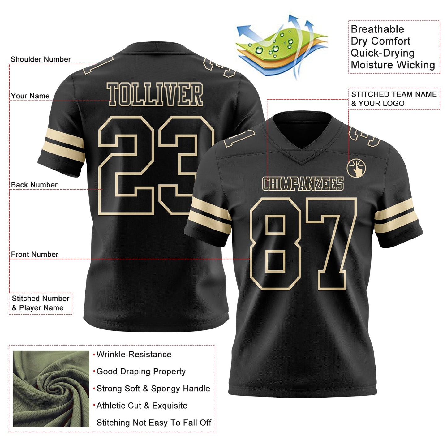 Custom Black Cream Mesh Authentic Football Jersey
