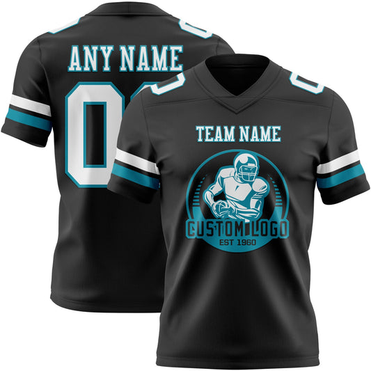 Custom Black White-Teal Mesh Authentic Football Jersey