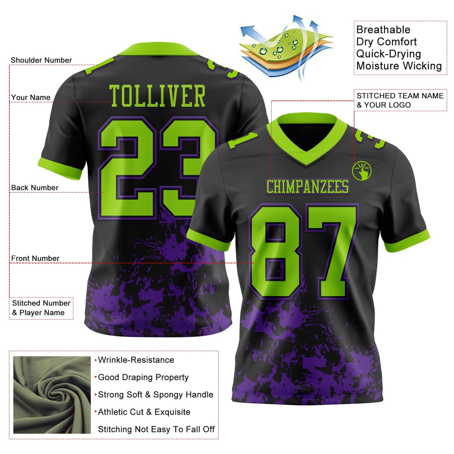 Custom Black Neon Green-Purple Splash Mesh Authentic Football Jersey