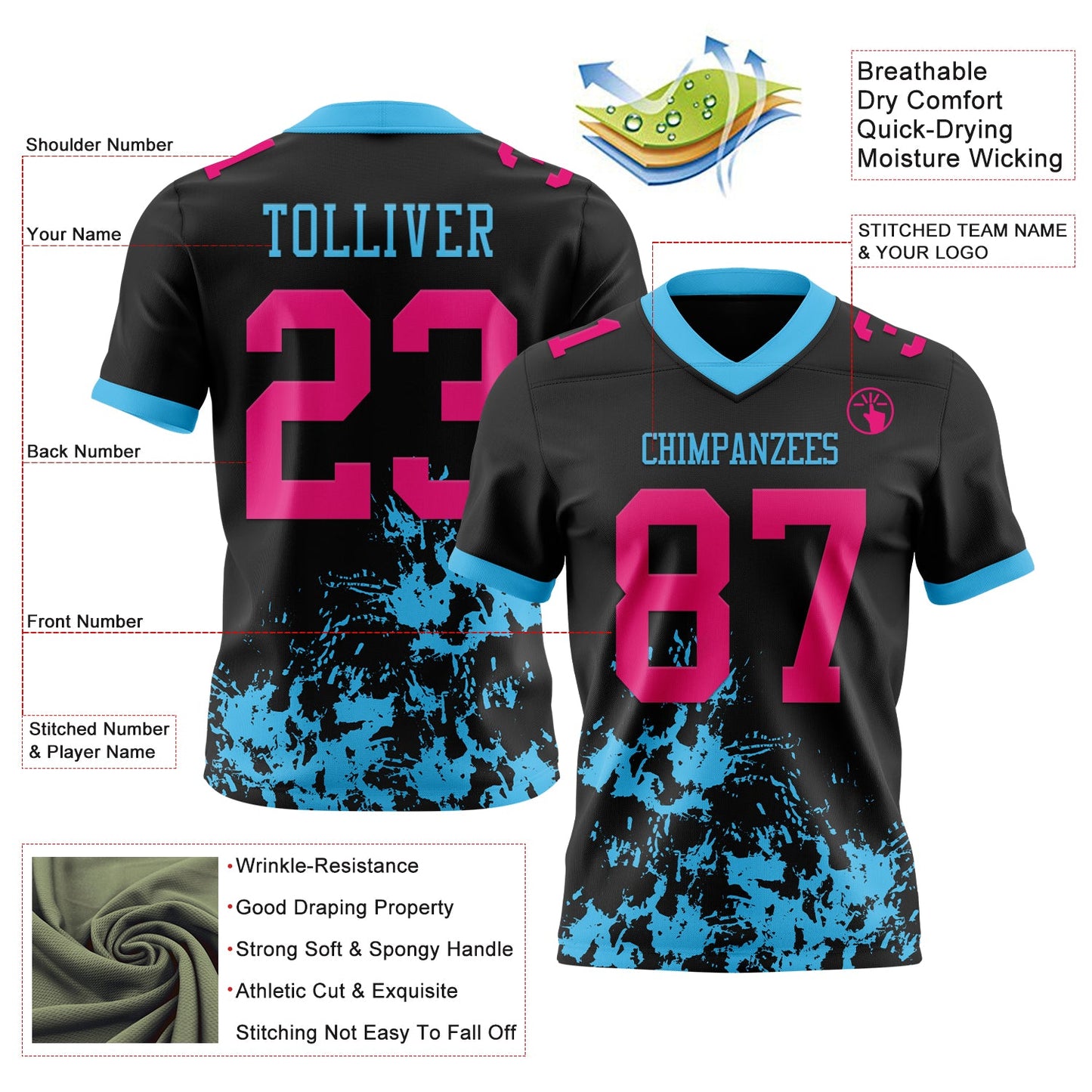 Custom Black Hot Pink-Sky Blue Splash Mesh Authentic Football Jersey