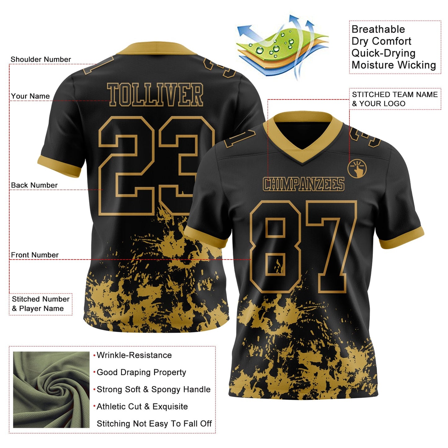 Custom Black Old Gold Splash Mesh Authentic Football Jersey