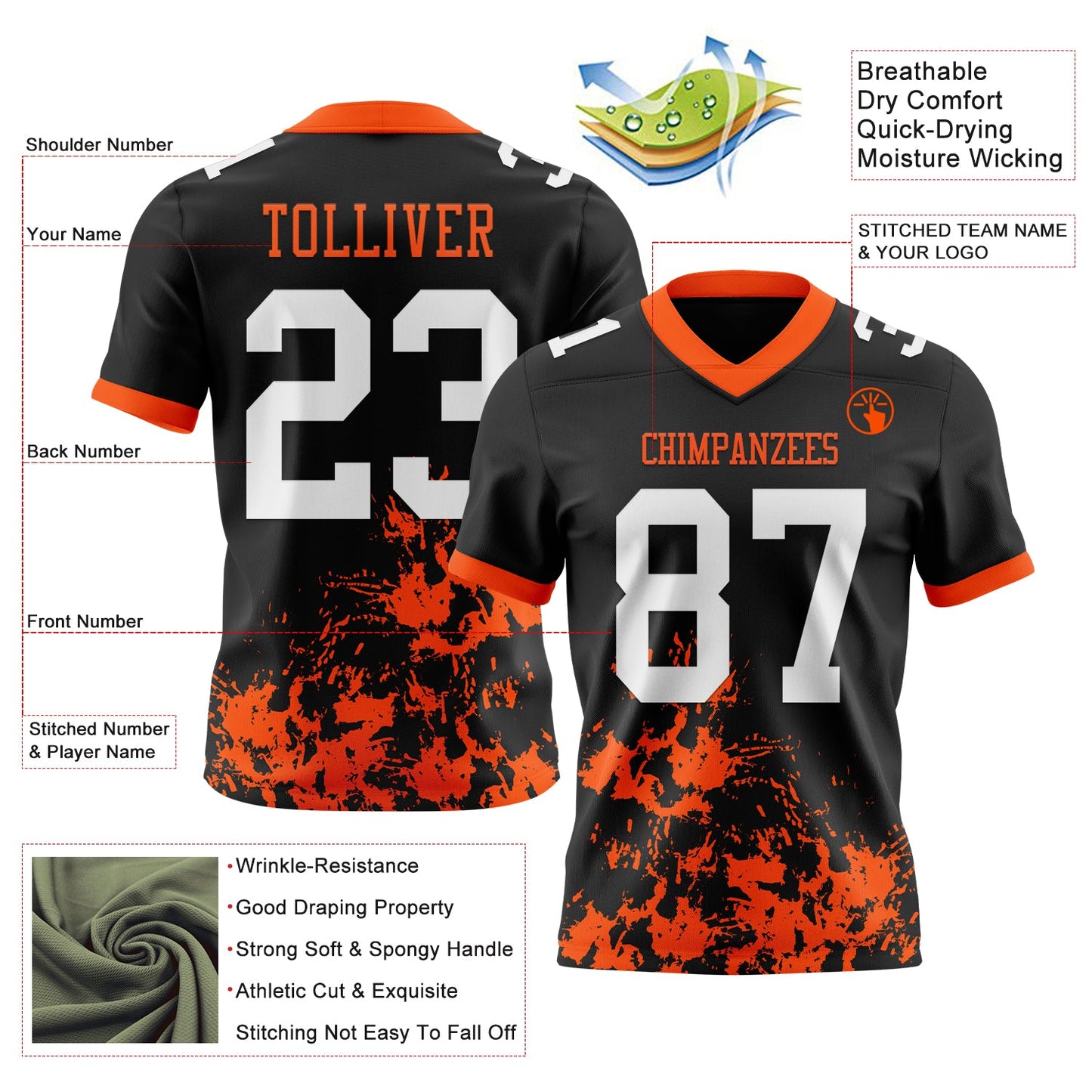 Custom Black White-Orange Splash Mesh Authentic Football Jersey